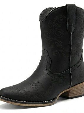 Women's Black faux leather Cowgirl Boots Low Chunky Heels Toe Fall Short Shoes